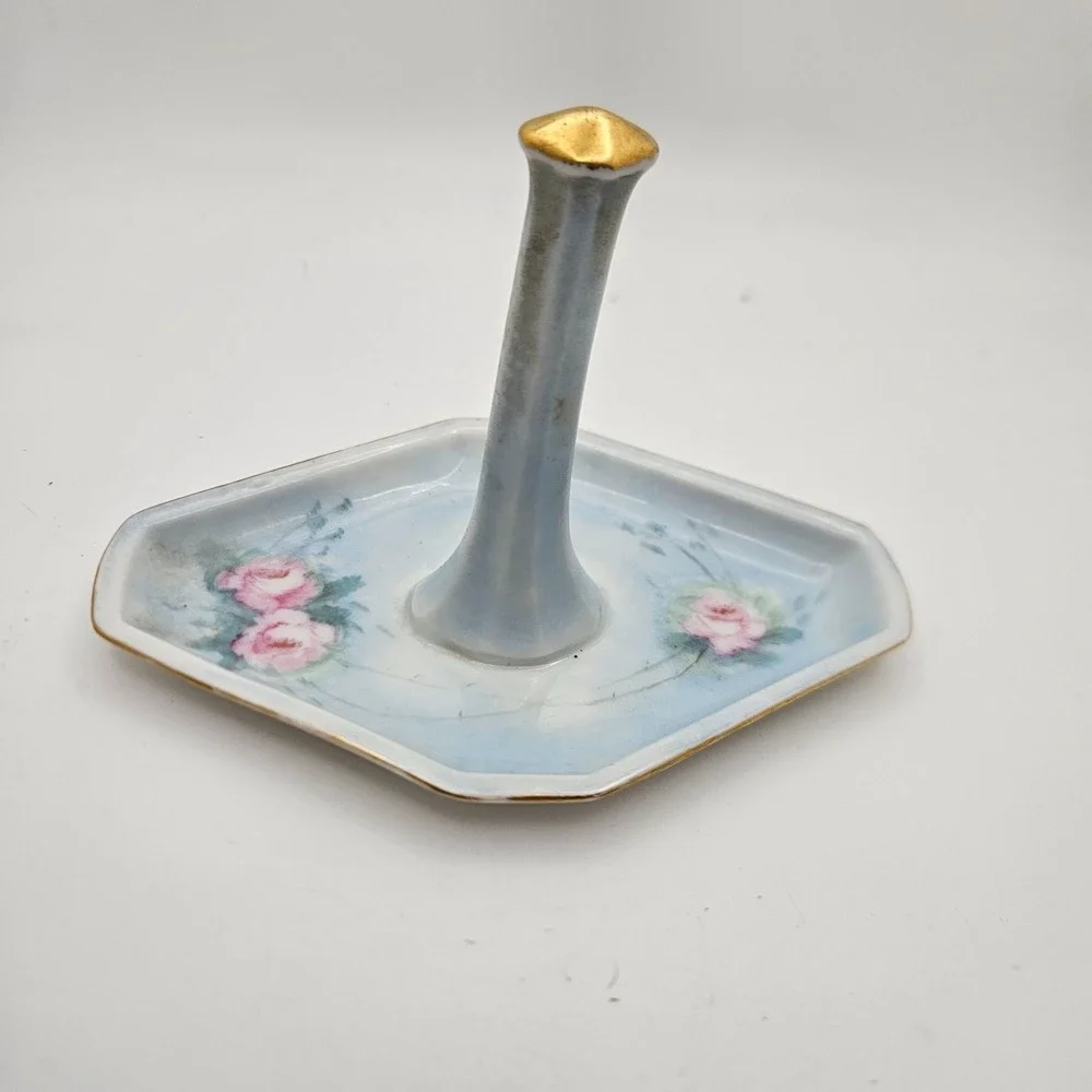 Antique T&V Limoges France 3 Pc Vanity Set Blue Pink Roses‎ Tray Powder Jar